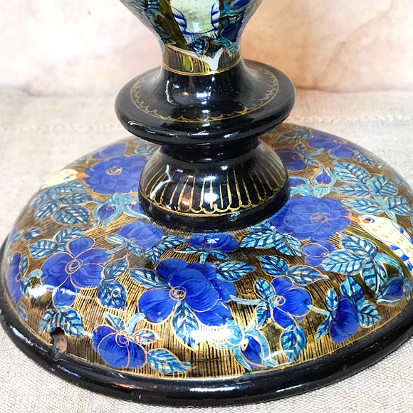 Hand Painted Blue & Gold Floral with White Bird Wooden Candlestick Holder 7.75" - Picture 8 of 10